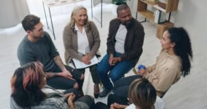 Team building, therapy group and people in circle for mental health support, communication and coun